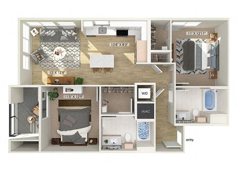 Floor plan for 2 beds, 2 baths, 1031 sqft
